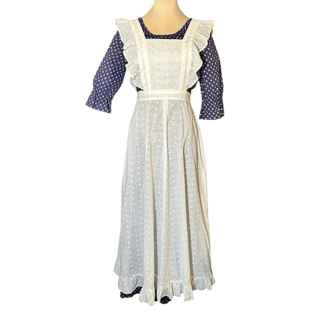 Vintage Handmade Prairie Maxi Dress Apron Ruffle Sleeve Cottagecore Ditsy Print